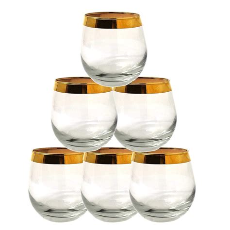 Set Of 6 Gold Rim Luxury Design Stemless Wine Glasses Clear Solid Base 15 Ounce Perfect For