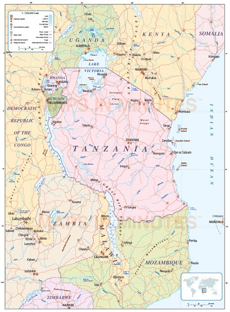 Digital Vector Tanzania Political Country Map Plus Roads And Ral In