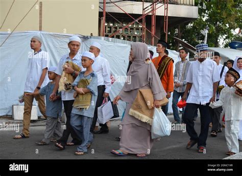 people go to istiqlal mosque to perform prayer eid al fitr prayer jakarta indonesia stock