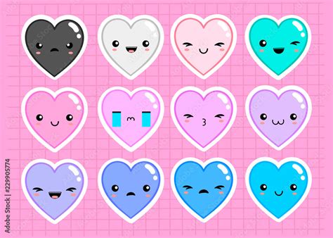 Kawaii Hearts With Various Emotions Colored Vector Sticker Set All