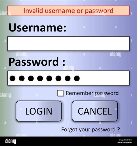 User Login Form With Invalid Username Or Password Error Stock Photo Alamy