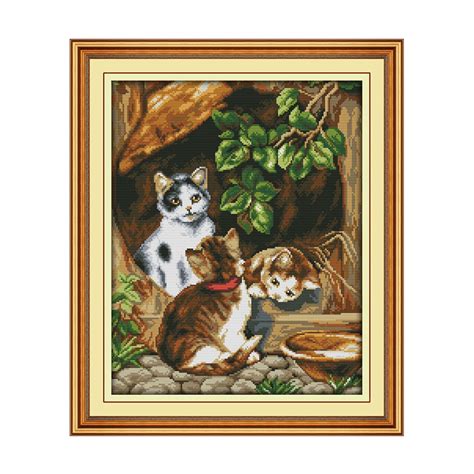 Three Cats Cross Stitch Kit Aida 14ct 11ct Count Printed Canvas