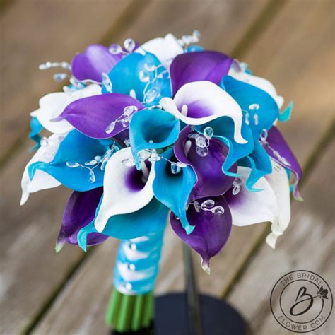 Purple And Turquoise Calla Lily Wedding Bouquet With Crystals The
