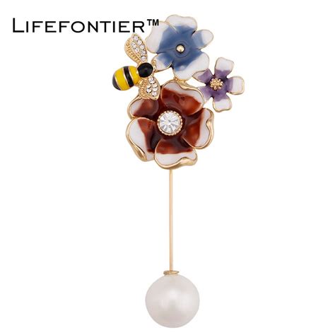 Lifefontier Crystal Flowers Bee Brooches For Women Alloy Cute Enamel