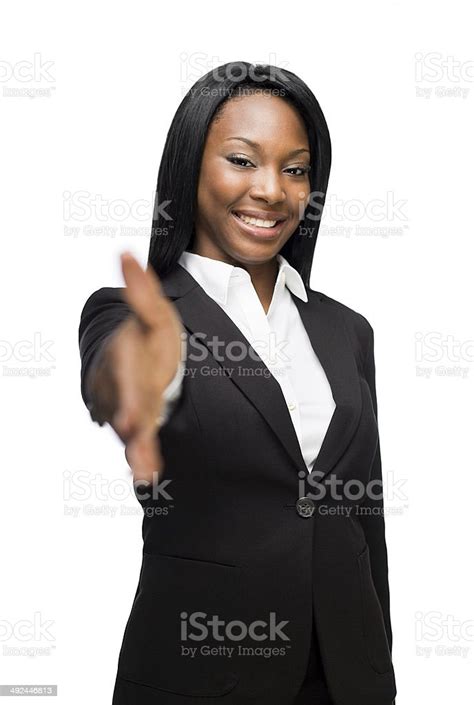 Cheerful Afroamerican Woman Extending Hand Stock Photo Download Image