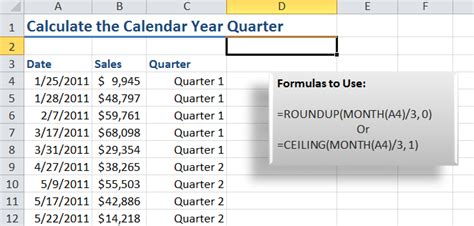 How To Calculate The Calendar Year Quarter For A Date In Excel The