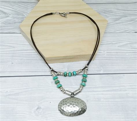 Boho Turquoise And Silver Beaded Necklaceleather Turquoise Etsy