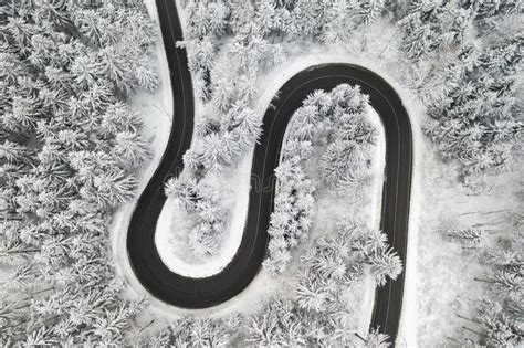 Curved S Shaped Road In The Winter Forest Aerial View Empty Winding