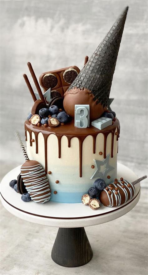 Ombre Blue 3rd Birthday Cake With Chocolate Drip Boy Birthday Cake