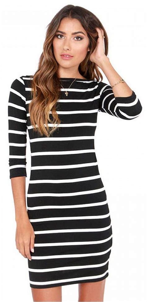 Black And White Striped 34 Sleeve Dress Striped Bodycon Dress Bodycon Dress With Sleeves
