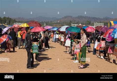 A Hmong New Year ball throwing game on the fairground at Phonsavan ...