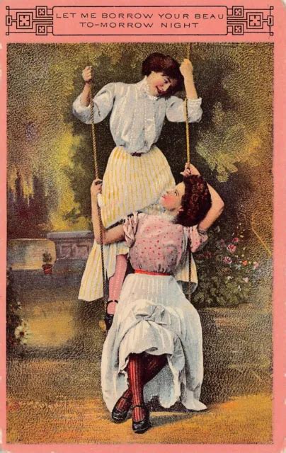 Two Girls One Beau Swing Swingers Threesome Saucy Pinup Ladies Vtg