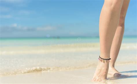 Beach Travel Concept Legs On Tropical Sand Beach Walking Female Feet