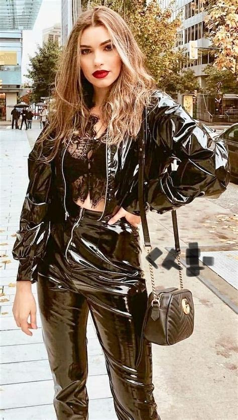 Black Pvc Pants With Matching Jacket Worn Over Lace Cropped Top Diy