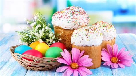 Download Wallpaper 1600x900 Easter Eggs Cake Flowers Hd Background