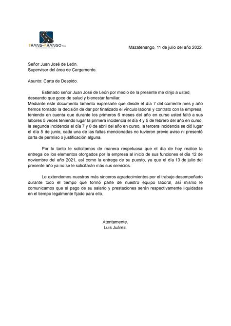 Carta Despido Justificado Mazatenango 11 De Julio Del Año 2022