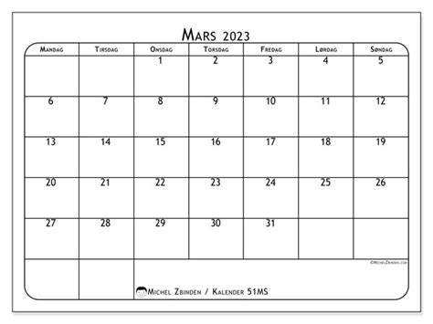 Kalender For Mars 2023 For Utskrift “51ms” Michel Zbinden No