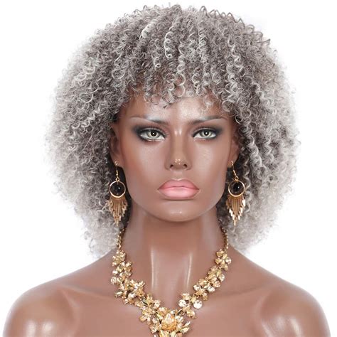 Buy Kalyss Synthetic Short Afro Kinky Curly Wigs For Women Realistic Ombre Grey Curly Wigs