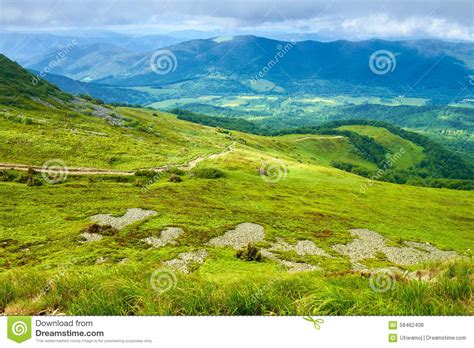 Mountains Panorama Green Meadow Mountainside Landscape Stock Photo