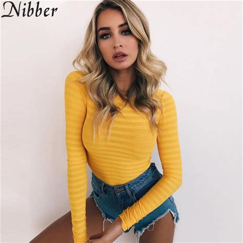 Nibber 2018 Nueva Moda Delgado Monos Amarillo Sexy Bodysuit Manga Larga