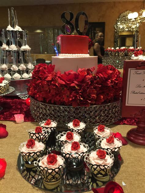 35 memorable 80th birthday party ideas | table decorating. 80th Birthday Party cake. Red rose theme dessert table | Birthday party cake, 80th birthday ...