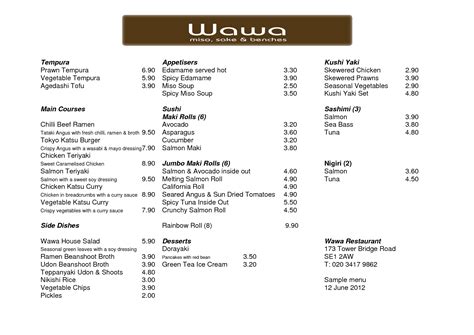 Wawa's menu includes a variety of breakfast options, lunch options, sandwiches, quesadillas, chicken, soup, sides, salads, bowls, hot beverages, iced beverages, donuts, kid's meals, burritos, bakery, fruits, grocery and so much more. WAWA | Jeff Eats