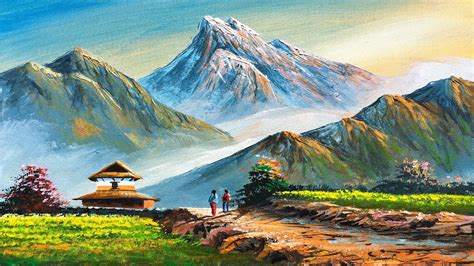 Village Life Painting Beautiful Nepali Landscape Painting Scenery