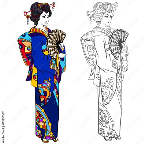 Japanese Woman In Traditional Kimono Sketch Vector Illustration
