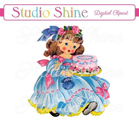 Vintage Digital Clipart Birthday Cake Girl Brunette Clip Etsy