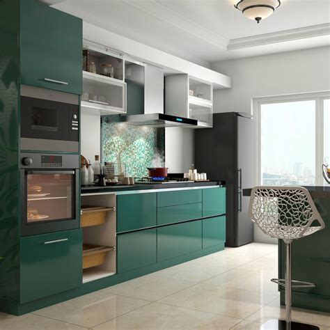 They're gaining popularity, especially with small apartment dwellers hand over fist. Glossy green cabinets infuse vitality to this kitchen ...