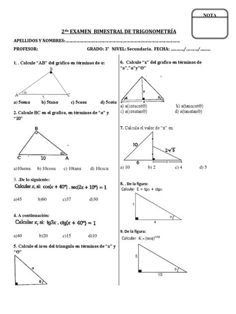 Examen De Trigonometria Pdf Trigonometría Enseñanza De Matemática