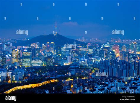 Seoul Downtown Cityscape Illuminated With Lights And Namsan Seoul Tower