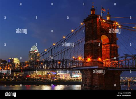 John A Roebling Suspension Bridge With Cincinnati Ohio In The Stock