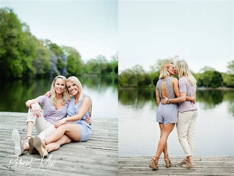 lesbian engagement photos on the lake loving the outfits and natural setting great engagement