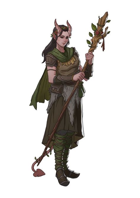Female Tieflign Druid With Growing Staff Dnd Pathfinder Character