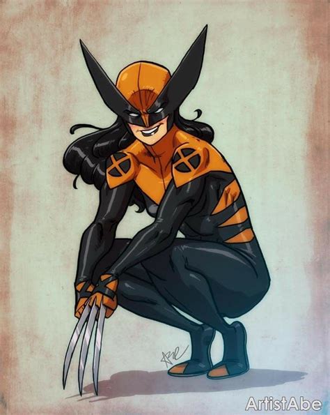 A Drawing Of A Woman In Wolverine Costume Kneeling Down With Her Hands