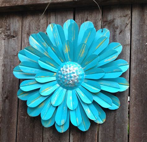 Comparison shop for outdoor metal flowers home in home. Turquoise Blue Metal Flower / Hanging 14" Zinnia / Front ...