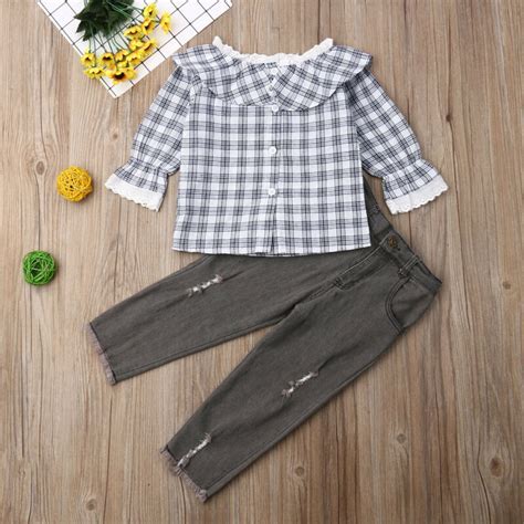 2pcs Autumn Clothes Toddler Kid Baby Girls Clothes Plaids Ruffle Shirt