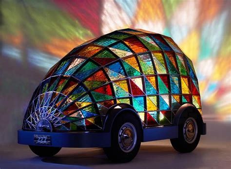 colorful stained glass car design  bright interior  autopilot device