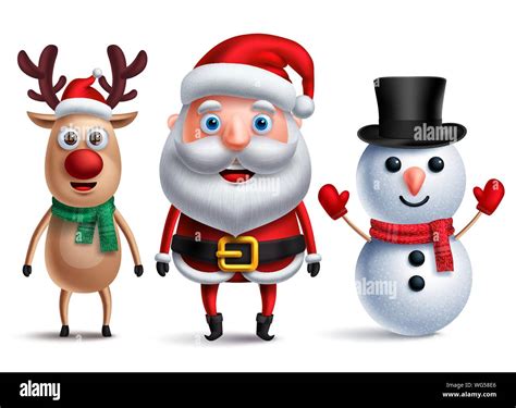 Santa Claus Vector Character With Snowman And Rudolph The Reindeer