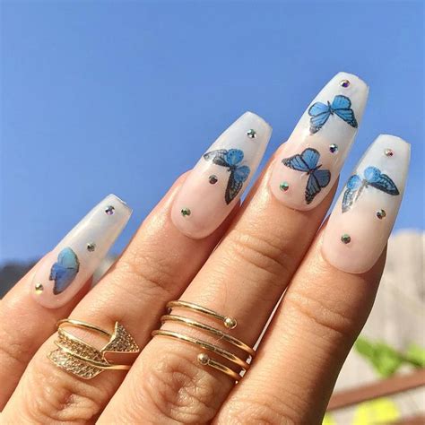 Blue Butterflies On Soft White Nail Design Press On Nails Etsy Press On Nails White Nails