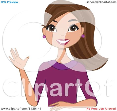 Cartoon Of A Beautiful Friendly Brunette Woman Waving Royalty Free Vector Clipart By
