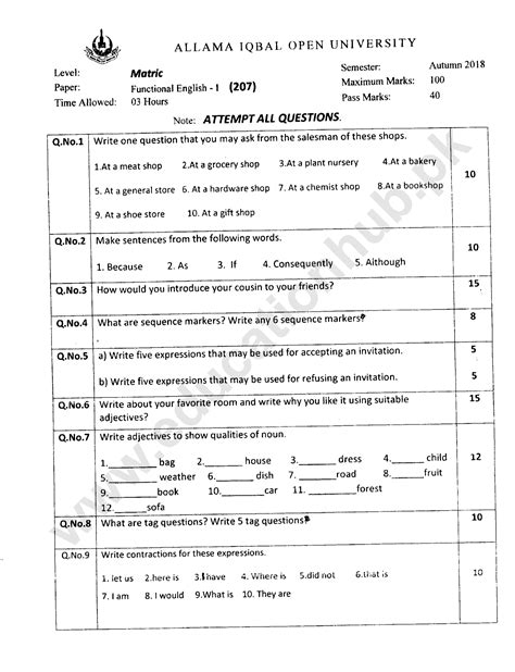 Code 207 Functional English 1 Aiou Old Papers Matric Education Hub