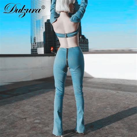 Dulzura Back Zipper Flared Jeans Women Sexy Zip Push Up Pants Stretch Trousers 2018 Autumn