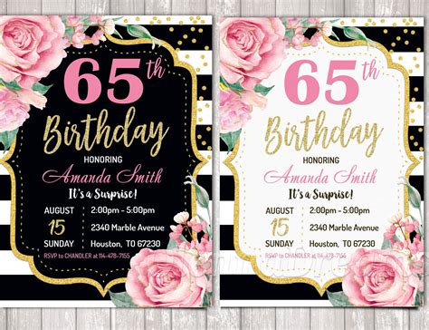 65th Birthday Invitations Pink Golg Invitations Rose Gold Etsy