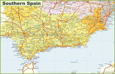 Dess fastland gränsar i söder och öster till medelhavet förutom en liten landgräns med det brittiska utomeuropeiska. Karta över Södra Spanien | Karta