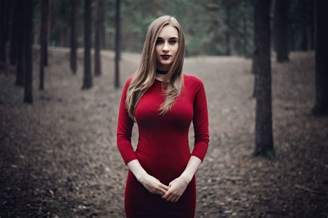 Wallpaper Model Blonde Looking At Viewer Necklace Portrait Red Dress Trees Forest
