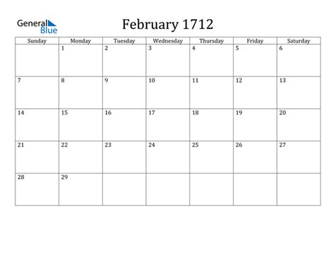 February 1712 Calendar Pdf Word Excel