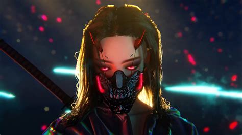 Cyberpunk Girl Oni Mask Live Wallpaper Moewalls