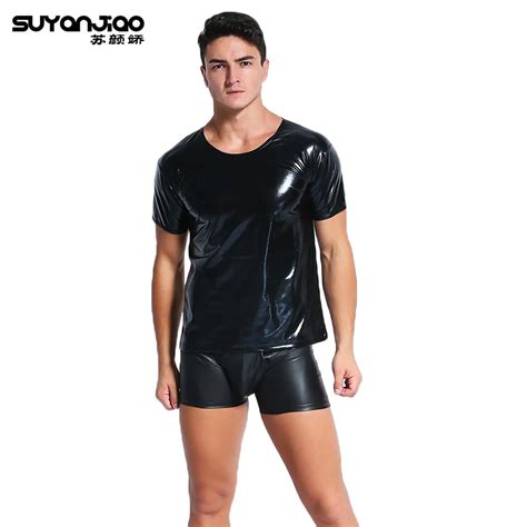 New Fashion Sexy Faux Leather Short Sleeve Wetlook Men Tops Nightclub